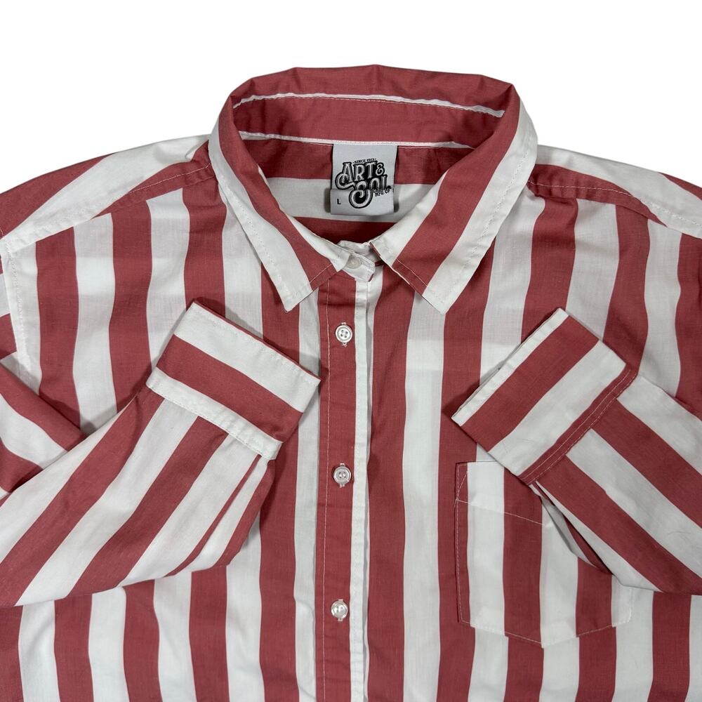 Art & Sol Mens Button Up Shirt Large Pink White Striped Long Sleeve Casual